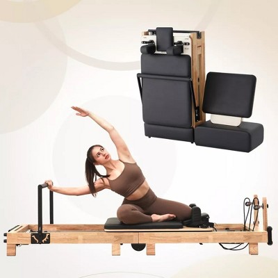 PAETA Pilates Reformer, Wooden Foldable Pilates Reformer Machine for Home and Studio, Pilates Machine Equipment with Sitting Box, Jump Board and Mat