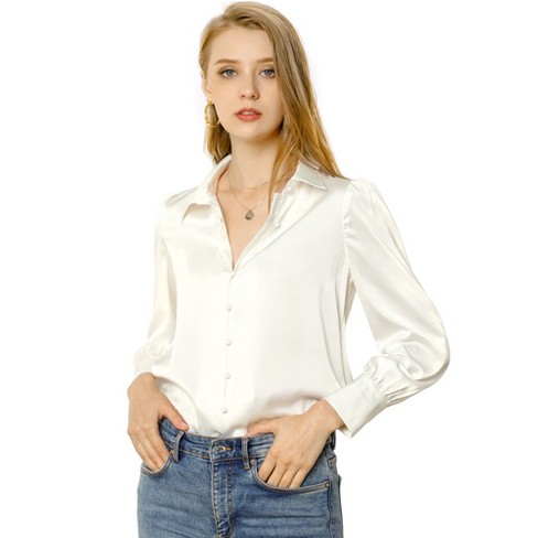 Allegra K Women's Satin Puff Sleeve Point Collar Vintage Button Up Shirt  White Large