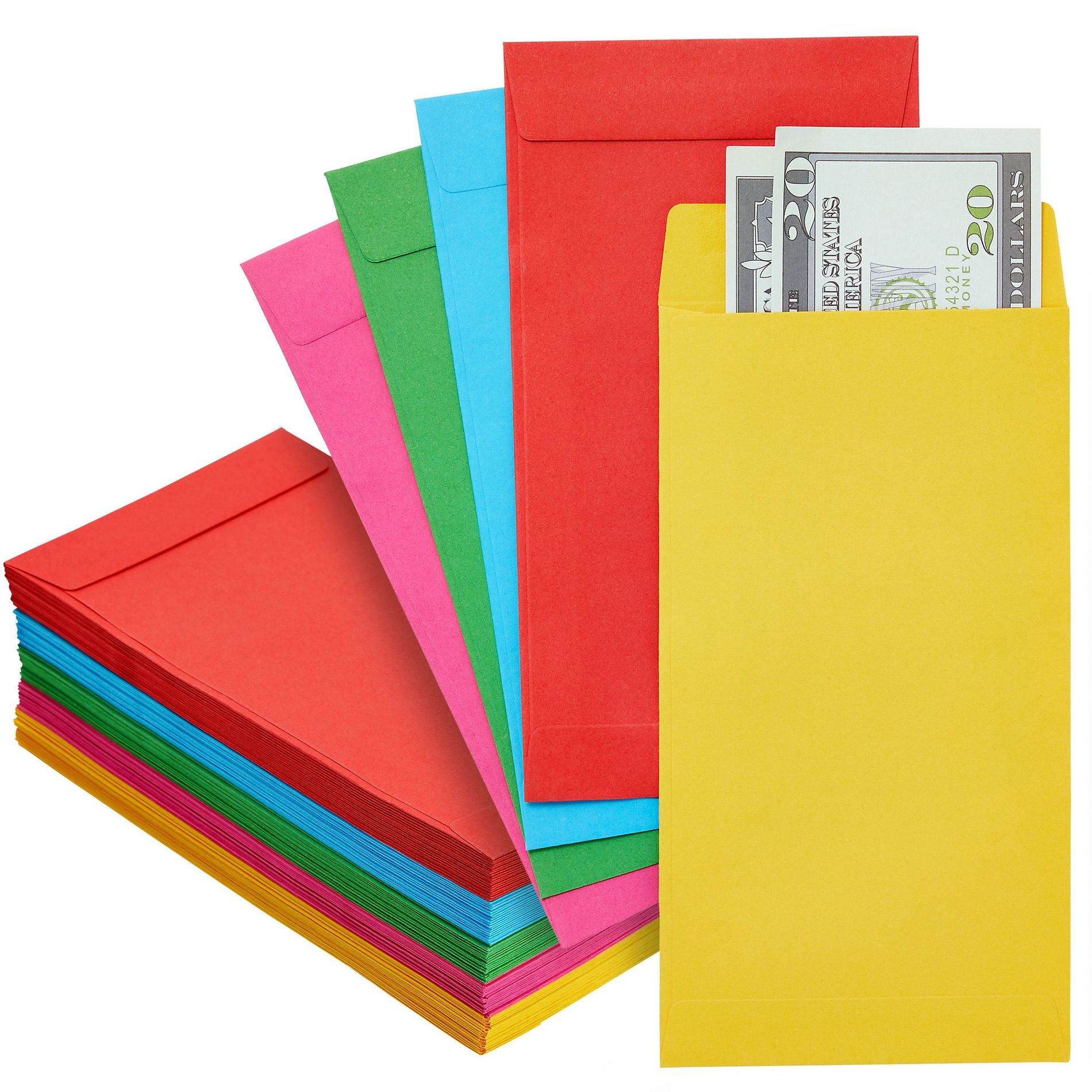 Okuna Outpost 100 Pack Colorful Money Envelopes for Cash, Payroll, Money Saving, Coins, Currency, 100GSM, 3.5x6.5 in