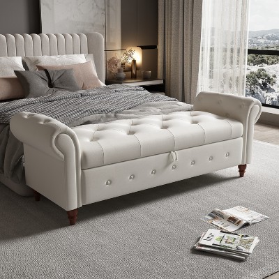 Upholstered Storage Bench with Rolled Arms and Button Tufted Lid for Bedroom or Entryway Seating and Hidden Blanket or Linen Storage-Maison Boucle