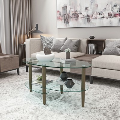 Syemin Oval Side Table Set, Two-Layer Coffee Table with Tempered Glass Top for Modern Living Room, Brown, 35.43"*19.69"*17.52"