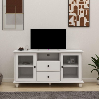 Modern TV Stand, Storage Cabinet, Functional Entertainment Center with Glass Doors, Storage Drawers, Wooden Media Console Cabinet for Living Room
