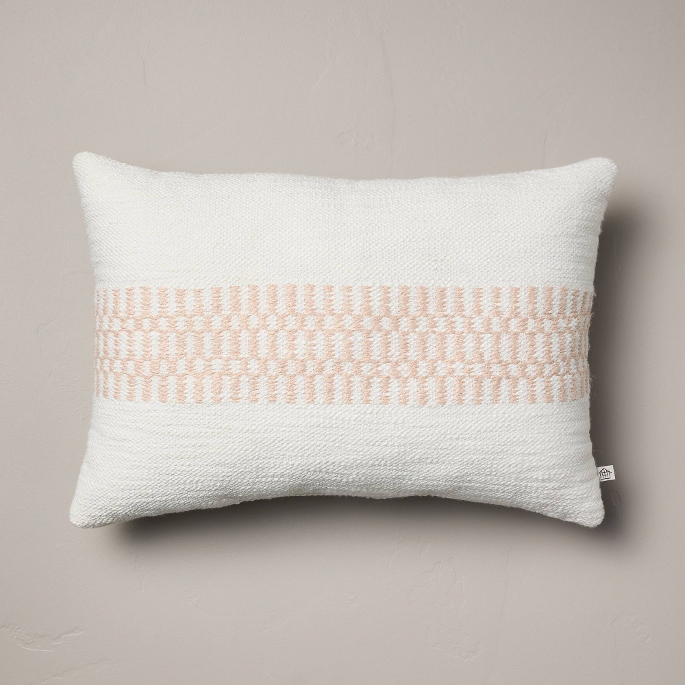 Photos - Pillow 14"x20" Checkered Stripe Indoor/Outdoor Lumbar Throw  Cream/Blush 