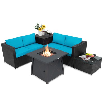 Tangkula 5-Piece Outdoor Patio Furniture Set with 50,000 BTU Propane Fire Pit Table Patio Conversation Set w/ Cushions, Storage Box, Coffee Table