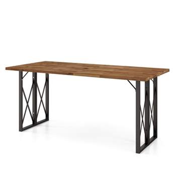 Tangkula 67" Heavy-Duty Rectangle Table Acacia Wood Dining Table w/ Umbrella Hole Patio