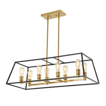 35" 8-Light Liane Farmhouse Industrial Iron Linear LED Pendant Black/Brass Gold - JONATHAN Y