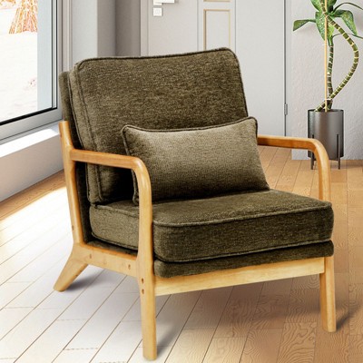 Beige Modern Accent Chair with Lumbar Pillow and Wooden Frame for Living Room or Office