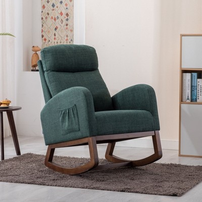 Modern Glider Rocking Chair with Wooden Legs and Side Pocket, High-Back Recliner Armchair for Nursery, Living Room, Bedroom
