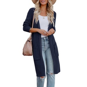 Women's Oversized Long Cardigan Sweaters Fall Outerwear Cable Knit Open Front Longline At Knee Cardigan Sweaters with Pockets - 1 of 4