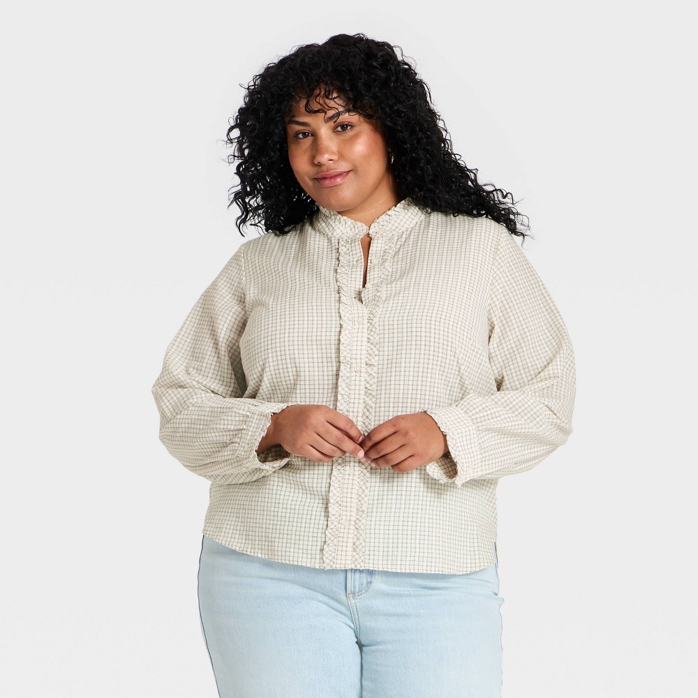 Women's Ruffle Long Sleeve Button-Up Ruff Collared Neck Blouse - Universal Thread™ Cream Plaid 1X