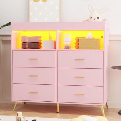 Garvee Bedroom Dresser With 6 Drawers & Diaper Changing Station - Multifunctional Baby Dresser Electrical Outlet Changing Pad Removable Top Modern Pink Design