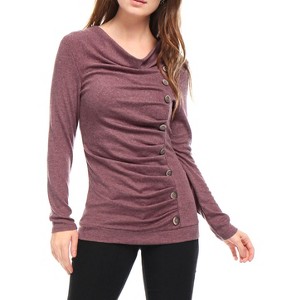Allegra K Women's Cowl Neck Long Sleeves Buttons Decor Solid Ruched Top - 1 of 4