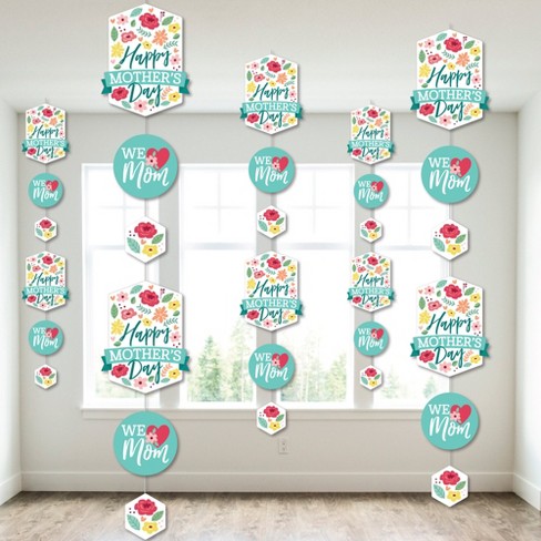 Colorful Floral Happy Mother's Day Banner - We Love Mom Party Bunting, 24ft Ribbon, USA Made