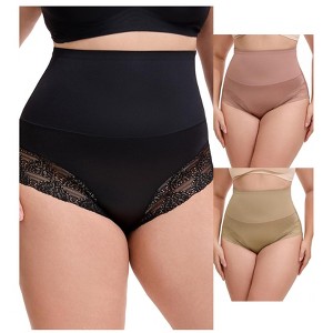 INSPIRE CHIC 3 Packs Women's Lace Trimmed Tummy Control High Waisted Soft Breathable Full Coverage Briefs - 1 of 4