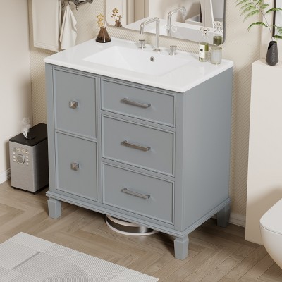 30 Inch Black Bathroom Vanity with Ceramic Sink, Modern Bathroom Sink Cabinet with Flip-Out Drawer Design