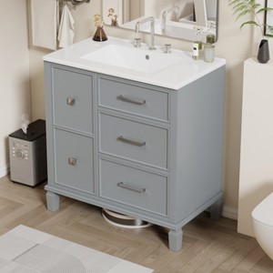 30 Inch Black Bathroom Vanity with Ceramic Sink, Modern Bathroom Sink Cabinet with Flip-Out Drawer Design - 1 of 4