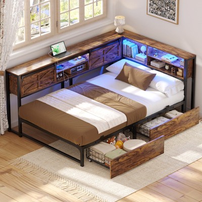Aheaplus Reversible Daybed with Bookcase and Drawer, Corner Bed Frame with Sliding Door
