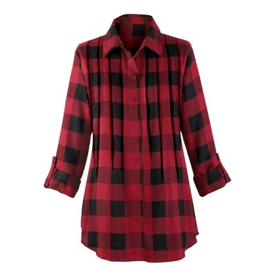 Collections Etc Buffalo Plaid Design Pintuck Tunic Top with Roll-Tab Sleeves and Button Front