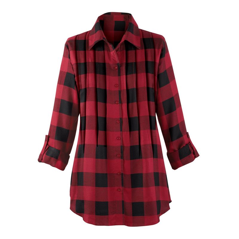 Collections Etc Buffalo Plaid Design Pintuck Tunic Top with Roll-Tab Sleeves and Button Front, 1 of 5