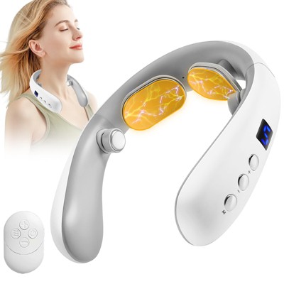 Electric Pulse Neck Massager with Heat for Pain Relief, 10 Modes 16 Intensities Therapy Cordless Intelligent Massager - White