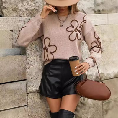 Coolmee Women's Knit Sweaters Casual Crew Neck Long Sleeve Ribbed Cuff Sweaters Floral Jacquard Loose Fit Pullover Tops L Camel