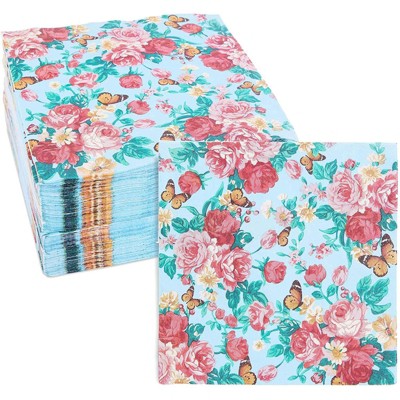 Sparkle and Bash 50 Pack Blue Floral Paper Napkins with Rose Flowers for Birthday Party (6.5 x 6.5 In)