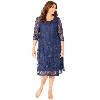 Catherines Women's Plus Size A-Line Embroidered Midi Dress