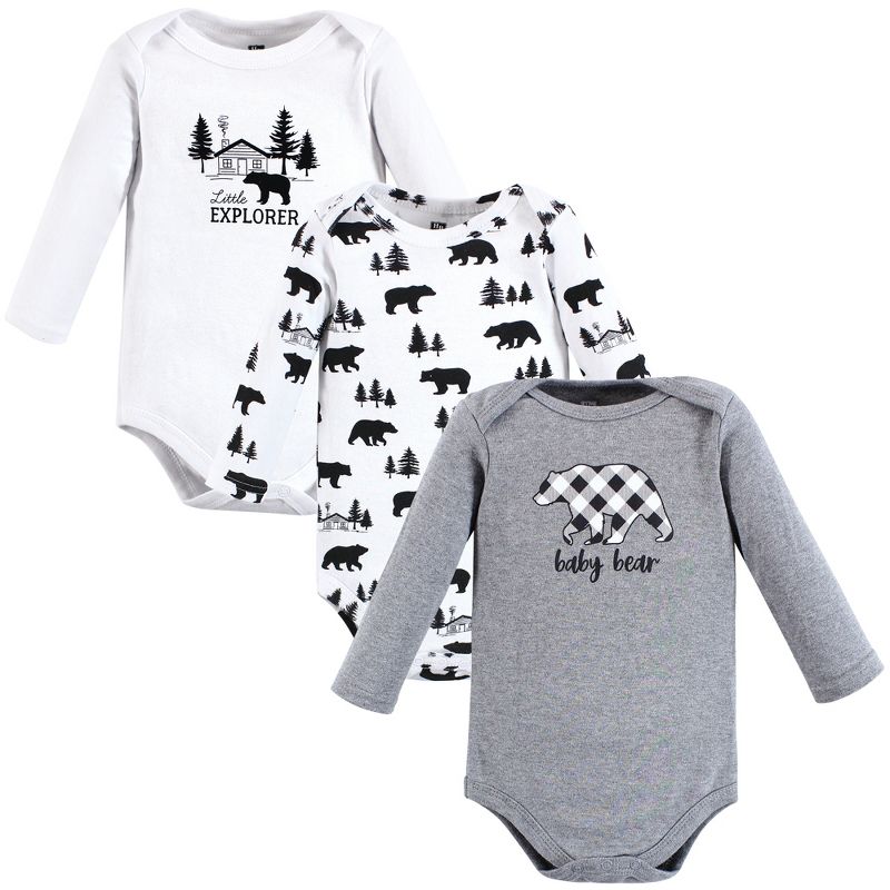 Hudson Baby Infant Boy Cotton Long-Sleeve Bodysuits, Baby Bear Gray Black 3-Pack, 1 of 7