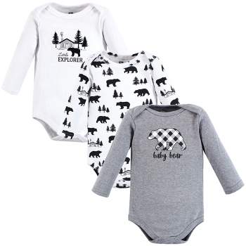 Hudson Baby Infant Boy Cotton Long-Sleeve Bodysuits, Baby Bear Gray Black 3-Pack