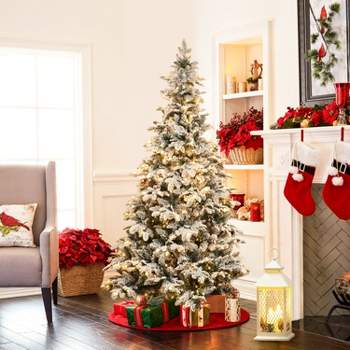 LuxenHome 7' Pre-lit PE/PVC Artificial Flocked Full Fir Christmas Tree with Metal Stand Green