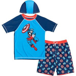 Marvel Avengers Captain America Pullover Rash Guard Swim Trunks and Cap 3 Piece Swimsuit Set Little Kid to Big Kid - 1 of 4