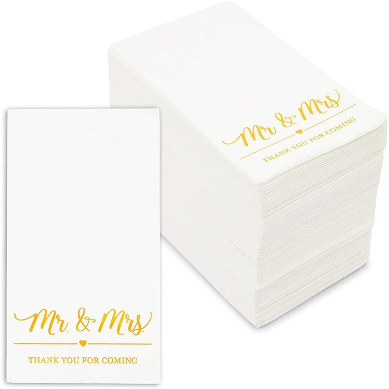 Sparkle and Bash 100 Pack White Napkins for Wedding Reception with Gold Foil, Mr and Mrs, 3-Ply, 4 x 8 In, 1 of 5