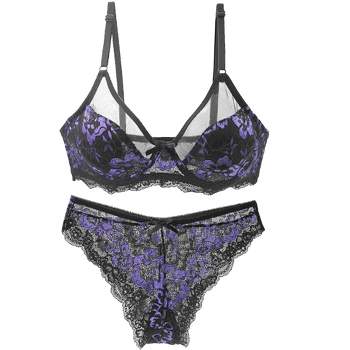 Agnes Orinda Women's Underwire Floral Lace Mesh Push-up 2-hook Lace Trim  Bra And Panty Set Black Purple 44d-2xl : Target