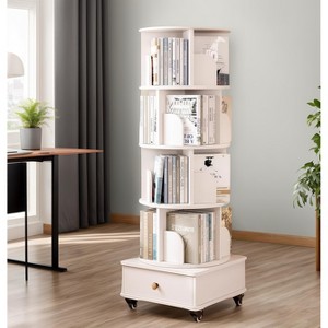 Gulches 360¡ã Rotating 5-Tier Corner Bookshelf with Drawer - White Wooden Narrow Storage Rack, Space-Saving Floor Bookcase - 1 of 4
