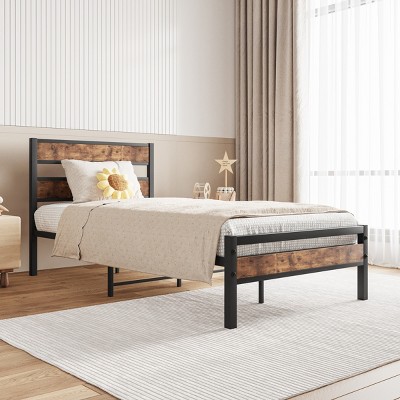 Accent Bed Frame Modern Rustic Wood Grain Design with Headboard and Footboard for Bedroom Twin Size - 3irtyhousy
