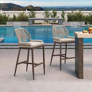PURPLE LEAF Patio Sunbrella Bar Stools Set of 2 Handwoven Wicker Bar Height Stool Modern Aluminum Outdoor Wicker Barstools with Back and Cushion - 1 of 4