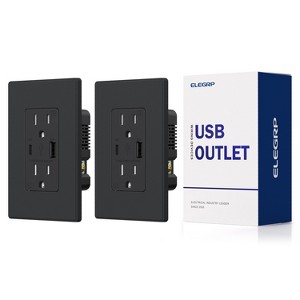 ELEGRP USB Outlet Receptacle, 15 Amp Outlet with USB C and USB A Port,21W Duplex Tamper Resistant Wall Outlet, Wall Plate Included, UL Listed, Black - 1 of 4