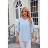 Coolmee Women's Casual Blouses Lightweight Solid Color Round Neck Slit Half Sleeve Pleated Neck Loose Chiffon Shirts Fashion Tops M Blue - 2 of 4