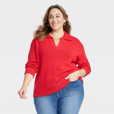Women's Open Collar Sweater - Ava & Viv™ Red 1x : Target
