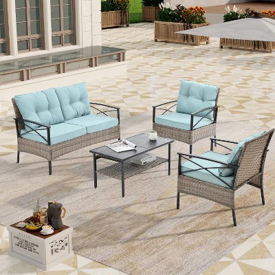 Bestier Patio Conversation Sets with Metal Table, 4 Pieces Outdoor Rattan Sofa, Modular Sectional Sofa for Balcony Porch Outside Backyard Garden