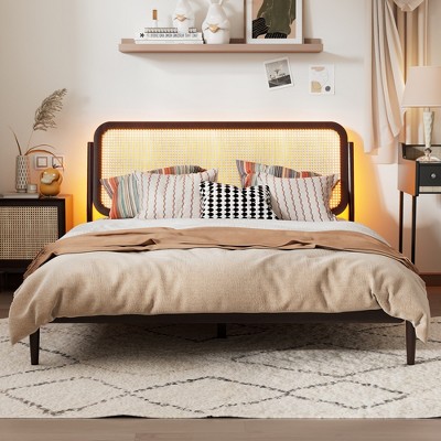 TiramisuBest Queen Size Wood Storage Platform Bed with LED Light, Rattan Headboard