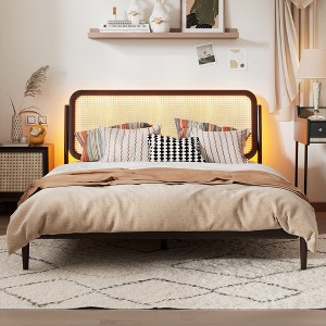 TiramisuBest Queen Size Wood Storage Platform Bed with LED Light, Rattan Headboard - 1 of 4