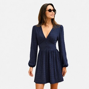Cupshe Women's Fall Blue Dress with Long Sleeves and Deep V-Neck : Target
