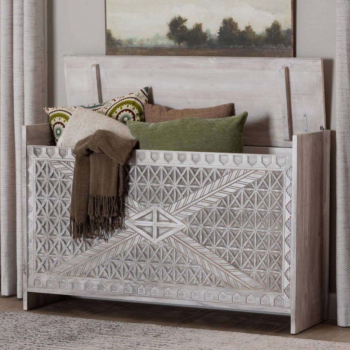 bali & pari Amado Wood Storage Trunk with Carved Front Panel White Wash - thumbnail 7