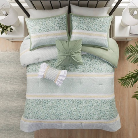 Madison Park 5pc King/California King Tulia Seersucker Comforter Bedding Set with Throw Pillows Green - Madison Park: Microfiber, Botanical Pattern