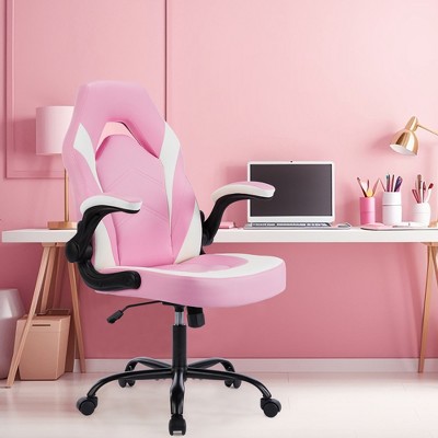 FURNIinspire Task And Office Chairs Pu Leather Office Chair Swivel Computer Gaming Chair With Lumbar Support, Pink And White, 25"*28"*46"