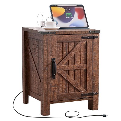 OKD Nightstand with Charging Station, Farmhouse End Table w/Barn Door