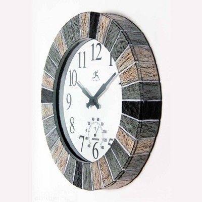 13" Faux Slate Frame Indoor/Outdoor Wall Clock with Thermometer