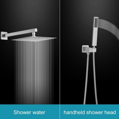 Brushed Nickel 12-Inch Square Rain Shower System with Handheld and Tub Spout