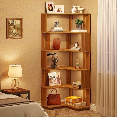 64.96" Brown Wood Grain 6-Tier Corner Bookshelf